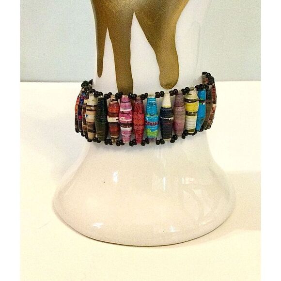 Vintage Womens Multicolor Handmade Recycled Paper Beaded Wristband Bracelet - Picture 2 of 7